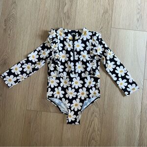 Black and White Long Sleeve One Piece Retro Daisy Swimsuit